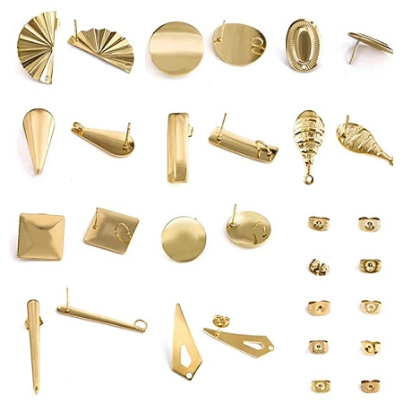 SUNNYCLUE Brass Stud Earring Findings, with Loop and Brass Ear Nuts, Mixed Shapes, Real 18K Gold Plated, 40pcs/box