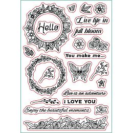 GLOBLELAND Flower Wreath Silicone Clear Stamps with Butterfly Rose Leaf Pattern for Christmas Birthday Cards Making DIY Scrapbooking Photo Album Decoration Paper Craft,6.3x4.3 Inches