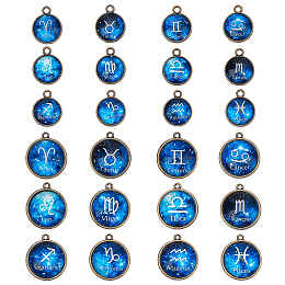 Arricraft Alloy Glass Pendants, Half Round with Twelve Constellations, Antique Bronze, Mixed Color, 22~26x19~23x6~7mm, Hole: 1.8mm, 12pcs/set, 4sets/box