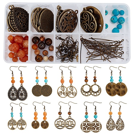 SUNNYCLUE 1 Box DIY 10 Pairs Antique Bronze Vintage Bohemian Dangle Earrings Making Kit Filigree Hollow Tree Leaf Star Moon Pendant Charms Tiger Eye Beads for Jewelry Making Craft Instruction