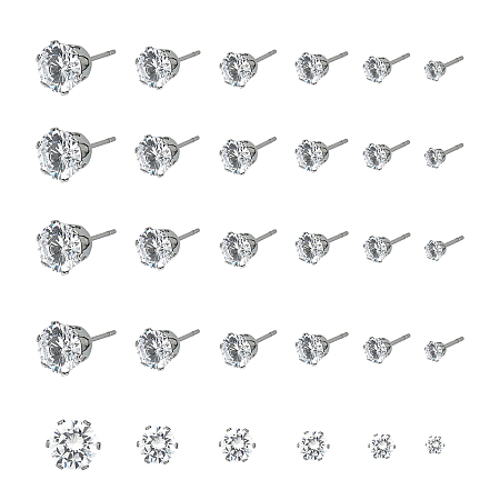 Unicraftale Stainless Steel Stud Earrings, with Clear Cubic Zirconia and Ear Nuts, Flat Round, Stainless Steel Color, 24pcs/box