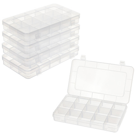 15 Grids Polypropylene(PP) Crafts Storage Boxes, with Adjustable Dividers, Jewelry Organizer Container, Clear, 17.8x10.5x2.4cm