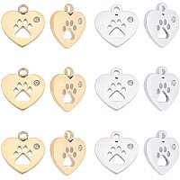 UNICRAFTALE 304 Stainless Steel Charms, Manual Polishing, with Crystal Rhinestone, Heart with Dog Paw Printed, Golden & Stainless Steel Color, 12x12x1.2mm, Hole: 1.8mm; 2 colors, 6pcs/color, 12pcs/box