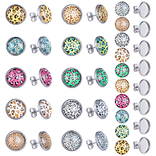 SUNNYCLUE DIY Earring Making Kits, with Half Round Leopard Print Pattern Glass Cabochons, Stainless Steel Stud Earring Settings & Ear Nuts and Plastic Container, Stainless Steel Color, 7.4x7.3x2.5cm, about 130pcs/box