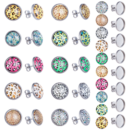 SUNNYCLUE DIY Earring Making Kits, with Half Round Leopard Print Pattern Glass Cabochons, Stainless Steel Stud Earring Settings & Ear Nuts and Plastic Container, Stainless Steel Color, 7.4x7.3x2.5cm, about 130pcs/box