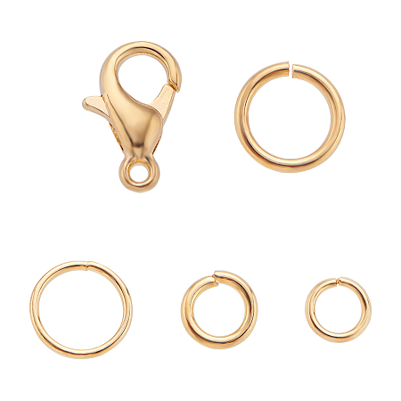 Brass Close but Unsoldered Jump Rings, with Brass Lobster Claw Clasps, Real 18K Gold Plated, 20~22 Gauge, 4~7x0.6~0.8mm; Hole: 2.8mm; 10x6x2.5mm, Hole: 1mm