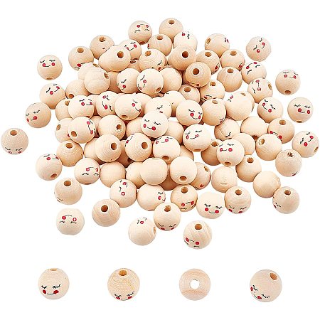 Natural Wood European Beads, Printed, Large Hole Beads, Round, Old Lace, 15~16mm, Hole: 4mm; about 200pcs/bag