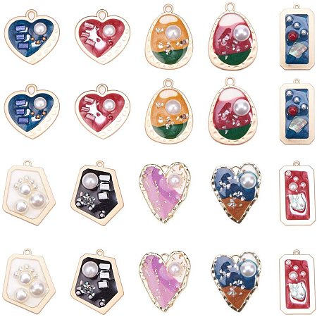 SUNNYCLUE Epoxy Resin Pendants, with ABS Plastic Imitation Pearl, Alloy Findings and Enamel, Heart & teardrop, & Rectangle & Polygon, Matte Gold Color, Mixed Color, 35~40.5x21~35x4.5~5.5mm, Hole: 1.5~4.5mm; 20pcs/box