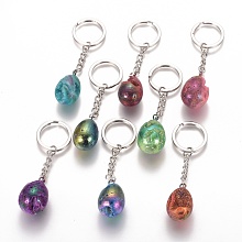 BEEBEECRAFT Electroplated Natural Druzy Geode Quartz Key chains, with Iron Chains and Alloy Key Rings, Oval, Egg Stone, For Easter, Platinum, Mixed Color, 81~83mm