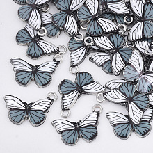 Honeyhandy Printed Alloy Pendants, with Enamel, Butterfly, Platinum, White, 13x20x2mm, Hole: 1.6mm