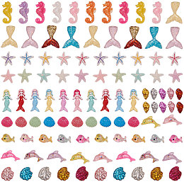 SUNNYCLUE Resin Cabochons, Marine theme, with Glitter Powder, Mermaid Tail/Shell/Starfish/Dolphin/Whale/Sea Horse, Mixed Color, 100pcs/set