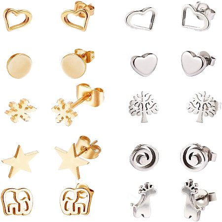 Unicraftale 304 Stainless Steel Ear Studs, Hypoallergenic Earrings, Mixed Shapes, Golden & Stainless Steel Color, 10pairs/box