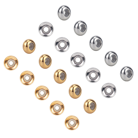 Unicraftale 304 Stainless Steel Beads, with Plastic, Slider Beads, Stopper Beads, Rondelle, Golden & Stainless Steel Color, 6x3mm, Hole: 1mm; 2colors, 10pcs/color, 20pcs/box