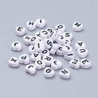 Honeyhandy Acrylic Horizontal Hole Letter Beads, Heart with Letter, White, 7x7x4mm, Hole: 1mm
