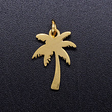 Honeyhandy Ion Plating(IP) 304 Stainless Steel Pendants, with Jump Rings, Laser Cut, Coconut Tree, Golden, 17x12.5x1mm, Hole: 3.5mm