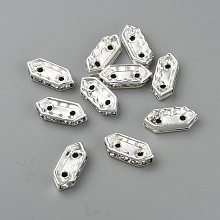 Honeyhandy Brass Middle East Rhinestone Bridge Spacers, 10 pcs Clear Rhinestone Beads, Silver Color Plated, Nickel Free,  Hexagon, about 4.5mm wide, 11mm long, 2.5mm thick, hole: 1mm, 2 holes