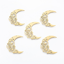 Honeyhandy 201 Stainless Steel Pendants, Moon with Flower, Real 18K Gold Plated, 36x32x1mm, Hole: 1.4mm