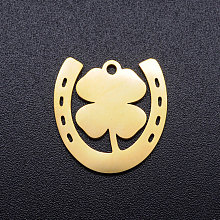 Honeyhandy 201 Stainless Steel Pendants, Horseshoe with Clover, Golden, 17x16.5x1mm, Hole: 1.5mm