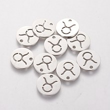 Honeyhandy 304 Stainless Steel Charms, Flat Round with Constellation/Zodiac Sign, Stainless Steel Color, 12x1mm, Hole: 1mm