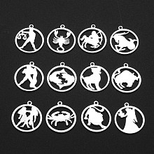 Honeyhandy 201 Stainless Steel Pendant, Laser Cut, Ring with 12 Constellations, Stainless Steel Color, 20x17.5x1mm, Hole: 1.4mm, 12pcs/set