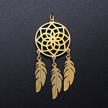 Honeyhandy 201 Stainless Steel Pendants, with Jump Rings, Woven Net/Web with Feather, Golden, 46x20x1mm, Hole: 3mm, Ring: 5x0.8mm