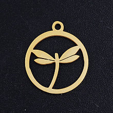 Honeyhandy 201 Stainless Steel Pendants, Circle with Dragonfly, Hollow, Golden, 17.5x15x1mm, Hole: 1.5mm