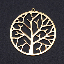 Honeyhandy 201 Stainless Steel Pendants, Filigree Joiners Findings, Laser Cut, Flat Round with Tree, Golden, 37x34.5x1mm, Hole: 1.5mm