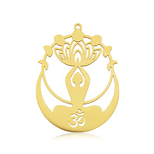 Honeyhandy 201 Stainless Steel Yoga Theme Pendants, Laser Cut, Vacuum Plating, Lotus with Human, Golden, 43x32x1mm, Hole: 1.6mm