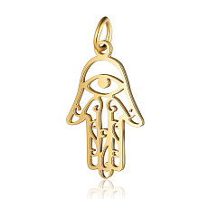 Honeyhandy 201 Stainless Steel Pendants, Hamsa Hand/Hand of Fatima/Hand of Miriam with Eye, Golden, 21.5x13x1mm, Hole: 3mm