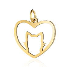 Honeyhandy 201 Stainless Steel Filigree Kitten Pendants, Heart with Cat Shape, Golden, 17x20x1mm, Hole: 3mm