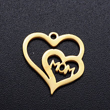 Honeyhandy 201 Stainless Steel Charms, Heart with Word Mom, for Mother's Day, Golden, 15x15x1mm, Hole: 1.2mm