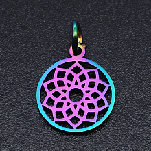 Honeyhandy Chakra Theme Ion Plating(IP) 201 Stainless Steel Charms, Laser Cut Pendants, with Jump Rings, Flat Round, Rainbow Color, Sahasrara, 13.5x11.5x1mm, Hole: 3mm