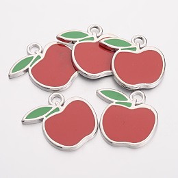 Honeyhandy Alloy Enamel Pendants, Cadmium Free & Lead Free, Apple, Platinum, Red, about 24mm long, 23mm wide, 1.5mm thick, hole: 3.5mm