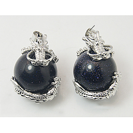 Honeyhandy Synthetic Blue Goldstone Pendants, with Brass Findings, Dragon with Round, 33x22mm, Hole: 5mm