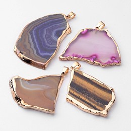 Honeyhandy Mixed Natural Agate Slices Big Pendants, with Brass Clasps, 43~61x23~41x3~4mm, Hole: 6x4mm