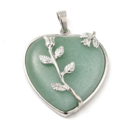 Honeyhandy Heart Natural Green Aventurine Pendants, with Platinum Plated Brass Pendant Settings, 42~46x31~33mm, Hole: 6mm