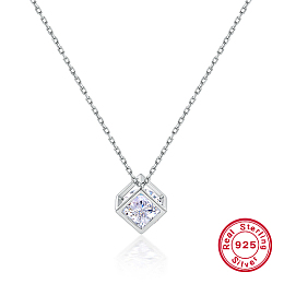 Honeyhandy Rhodium Plated 925 Sterling Silver Cube Pendant Necklaces with Cubic Zirconia, Platinum, 15.35 inch(39cm)