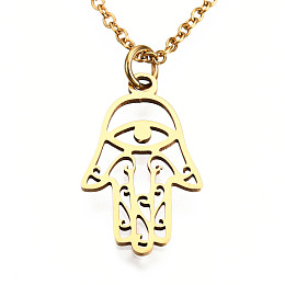 Honeyhandy 201 Stainless Steel Pendant Necklaces, with Cable Chains, Hamsa Hand/Hand of Fatima/Hand of Miriam, Golden, 15.7 inch(40cm), 1.5mm, Hand: 21x13x1mm