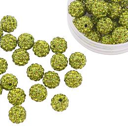 ARRICRAFT 100 Pcs 10mm Olivine Shamballa Pave Disco Ball Clay Beads, Polymer Clay Rhinestone Beads Round Charms Jewelry Makings