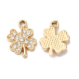 Honeyhandy Rack Plating Alloy Crystal Rhinestone Pendants, Clover Charms, Golden, 18x12.5x3mm, Hole: 2mm