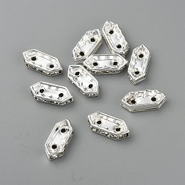 Honeyhandy Brass Middle East Rhinestone Bridge Spacers, 10 pcs Clear Rhinestone Beads, Silver Color Plated, Nickel Free,  Hexagon, about 4.5mm wide, 11mm long, 2.5mm thick, hole: 1mm, 2 holes