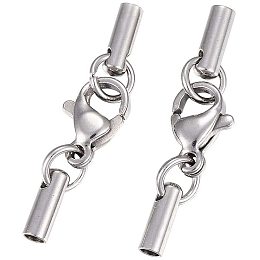 UNICRAFTALE About 50sets 304 Stainless Steel Lobster Claw Clasps with Cord Ends Silver Color Clasp for DIY Jewelry Making 26mm; Inner 2mm