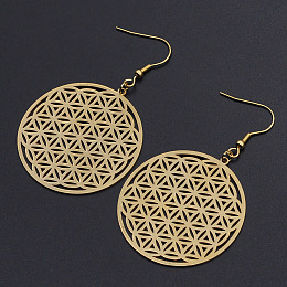 Honeyhandy 201 Stainless Steel Dangle Earrings, Flower of Life, Golden, 63mm, Pin: 0.6mm