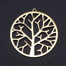 Honeyhandy 201 Stainless Steel Pendants, Filigree Joiners Findings, Laser Cut, Flat Round with Tree, Golden, 37x34.5x1mm, Hole: 1.5mm