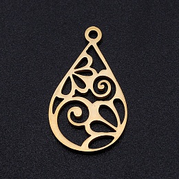 Honeyhandy 201 Stainless Steel Pendants, Filigree Joiners Findings, Laser Cut, teardrop, with Flower, Golden, 22x13x1mm, Hole: 1.4mm