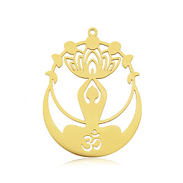 Honeyhandy 201 Stainless Steel Yoga Theme Pendants, Laser Cut, Vacuum Plating, Lotus with Human, Golden, 43x32x1mm, Hole: 1.6mm