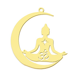 Honeyhandy 201 Stainless Steel Pendants, Laser Cut, Vacuum Plating, Moon with Yoga, Golden, 32x29.5x1mm, Hole: 1.6mm