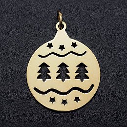 DICOSMETIC 201 Stainless Steel Pendants, with Unsoldered Jump Rings, Flat Round with Christmas Tree, Golden, 25x20x1mm, Hole: 3mm, Jump Ring: 5x0.8mm