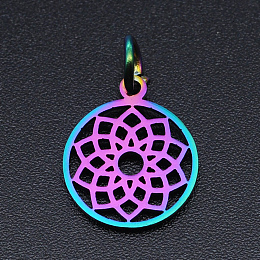 Honeyhandy Chakra Theme Ion Plating(IP) 201 Stainless Steel Charms, Laser Cut Pendants, with Jump Rings, Flat Round, Rainbow Color, Sahasrara, 13.5x11.5x1mm, Hole: 3mm