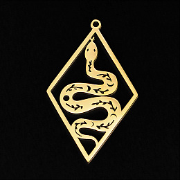 Honeyhandy Vacuum Plating 201 Stainless Steel Pendants, Laser Cut, Rhombus with Snake, Golden, 41.5x25x1mm, Hole: 1.5mm